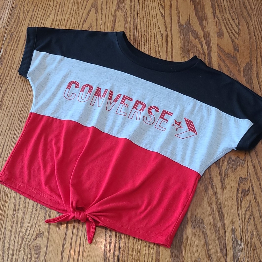 Converse Girls' Colorblock Tie-Front Tee - Black/Gray/Red